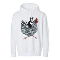 Tuxedo Cat Riding Chicken Funny Garment-Dyed Fleece Hoodie