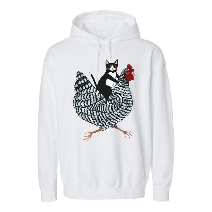 Tuxedo Cat Riding Chicken Funny Garment-Dyed Fleece Hoodie