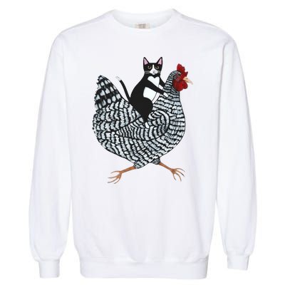 Tuxedo Cat Riding Chicken Funny Garment-Dyed Sweatshirt