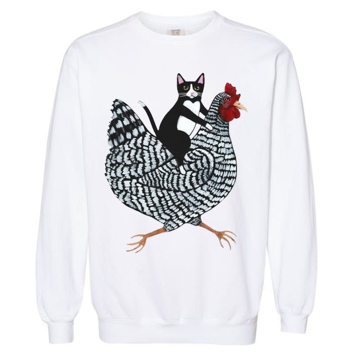 Tuxedo Cat Riding Chicken Funny Garment-Dyed Sweatshirt