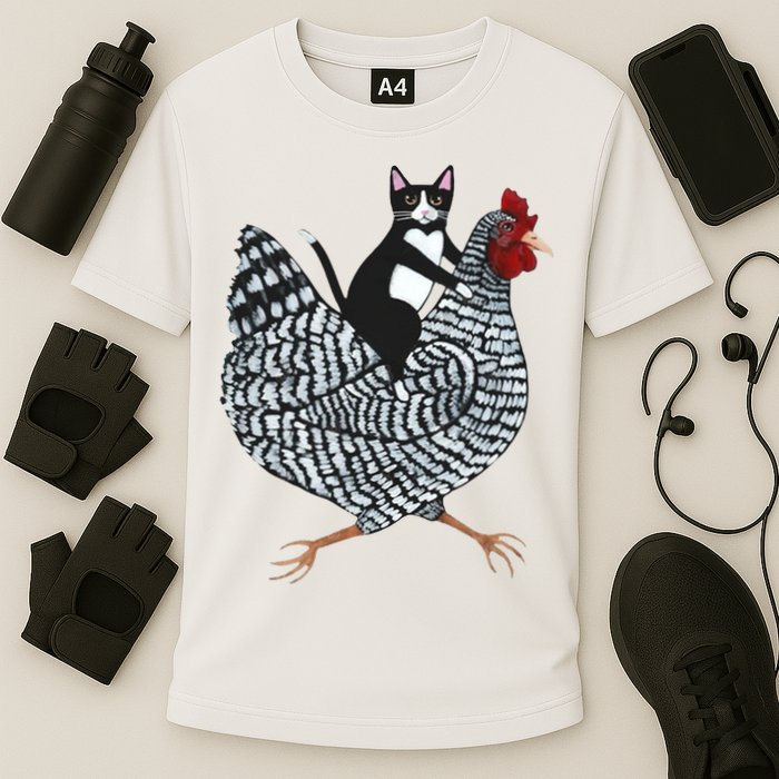 Tuxedo Cat Riding Chicken Funny Performance Shirt