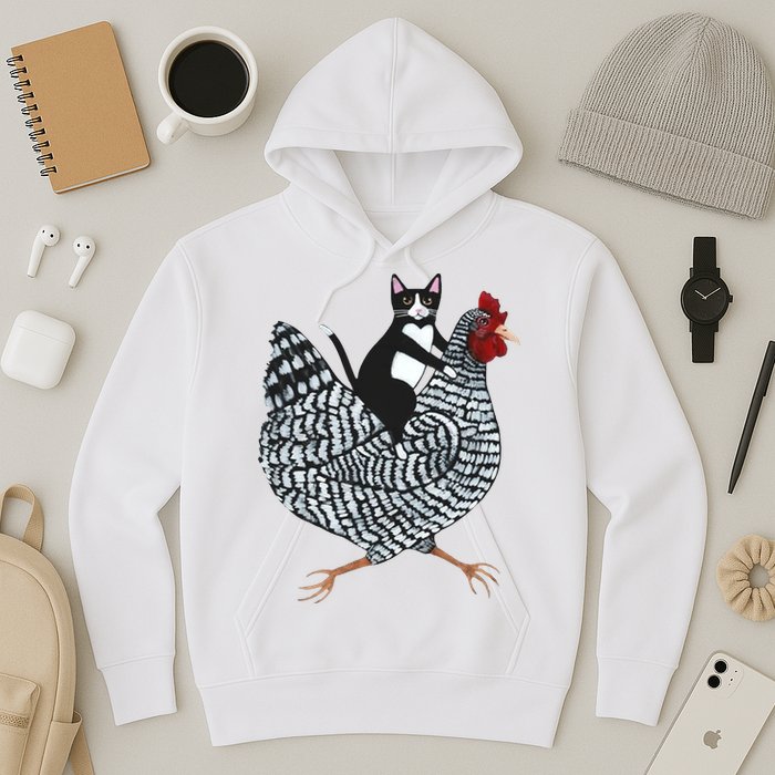 Tuxedo Cat Riding Chicken Funny Hoodie