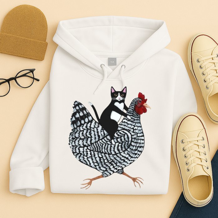 Tuxedo Cat Riding Chicken Funny Hoodie