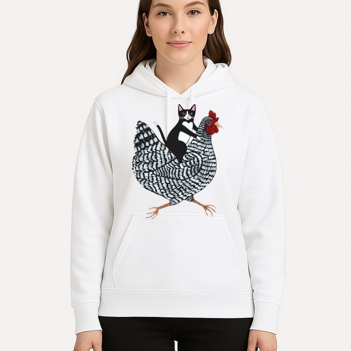 Tuxedo Cat Riding Chicken Funny Hoodie