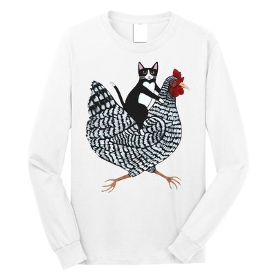 Tuxedo Cat Riding Chicken Funny Long Sleeve Shirt