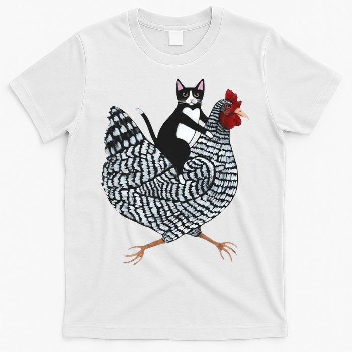 Tuxedo Cat Riding Chicken Funny T-Shirt