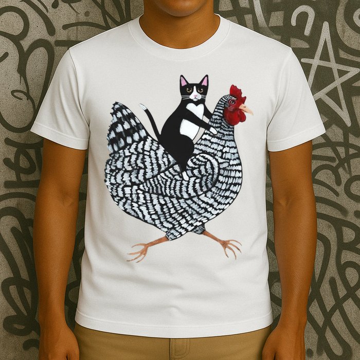 Tuxedo Cat Riding Chicken Funny T-Shirt