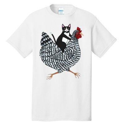 Tuxedo Cat Riding Chicken Funny Tall T-Shirt