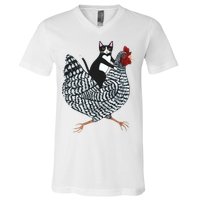 Tuxedo Cat Riding Chicken Funny V-Neck T-Shirt