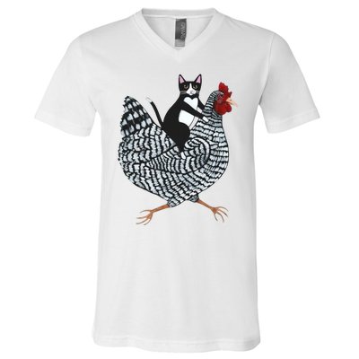 Tuxedo Cat Riding Chicken Funny V-Neck T-Shirt