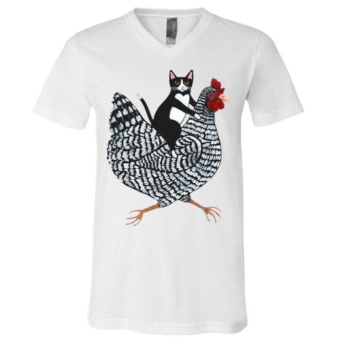 Tuxedo Cat Riding Chicken Funny V-Neck T-Shirt