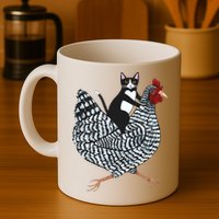 Tuxedo Cat Riding Chicken Funny Mug