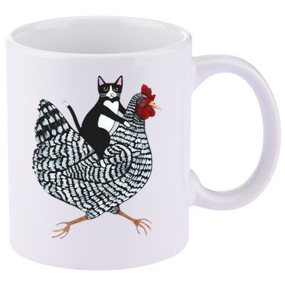 Tuxedo Cat Riding Chicken Funny 11oz C Handle Ceramic Mug