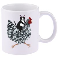 Tuxedo Cat Riding Chicken Funny 11oz C Handle Ceramic Mug