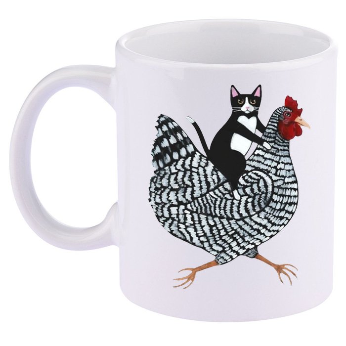 Tuxedo Cat Riding Chicken Funny 11oz C Handle Ceramic Mug