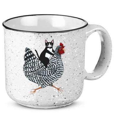 Tuxedo Cat Riding Chicken Funny 15oz Campfire Ceramic Mug