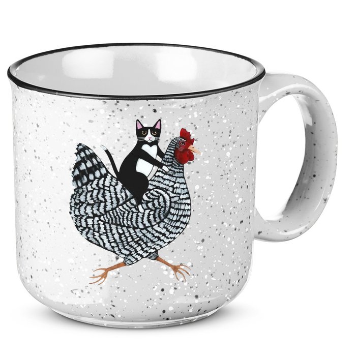 Tuxedo Cat Riding Chicken Funny 15oz Campfire Ceramic Mug