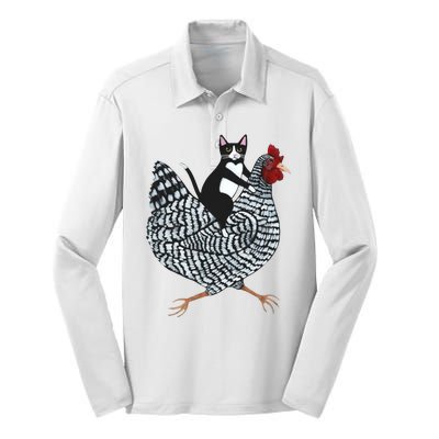 Tuxedo Cat Riding Chicken Funny Silk Touch Performance Long Sleeve Polo