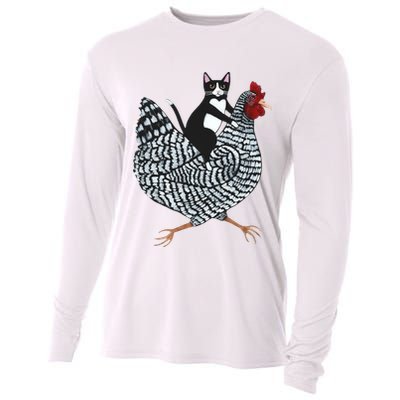 Tuxedo Cat Riding Chicken Funny Cooling Performance Long Sleeve Crew