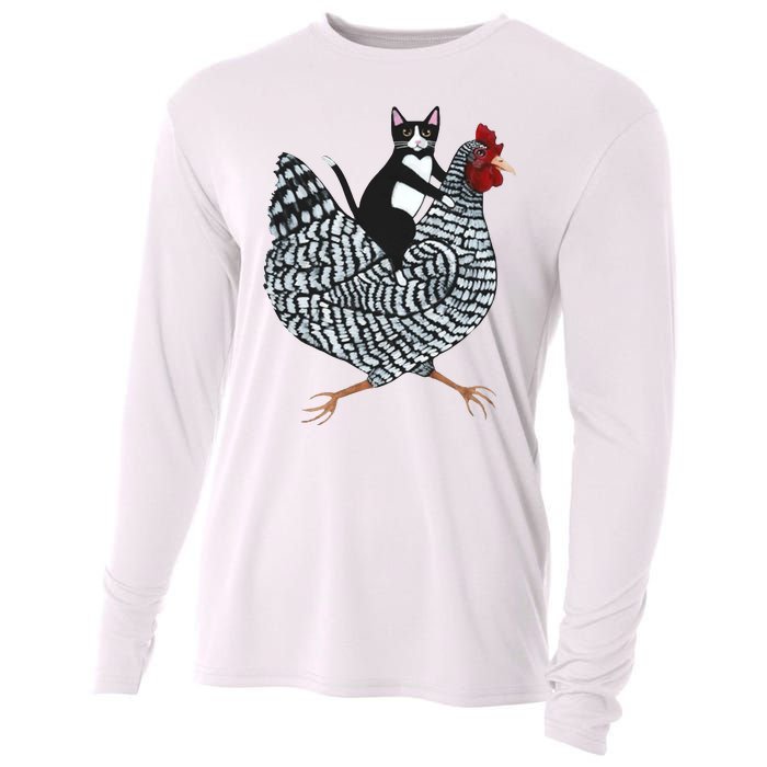 Tuxedo Cat Riding Chicken Funny Cooling Performance Long Sleeve Crew