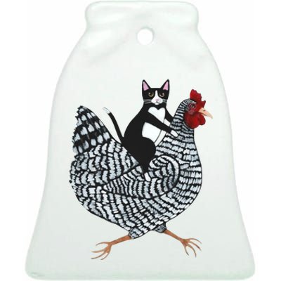 Tuxedo Cat Riding Chicken Funny Ceramic Bell Ornament