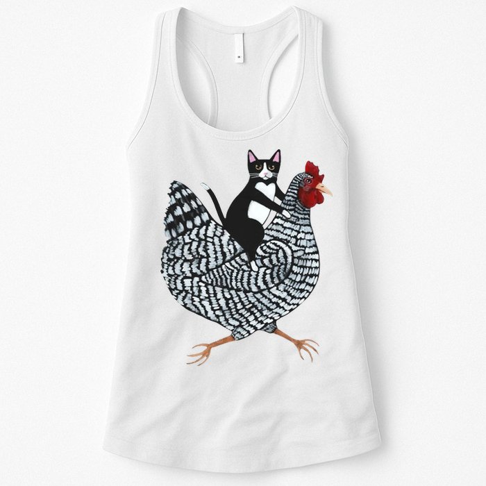 Tuxedo Cat Riding Chicken Funny Womens Tank Top