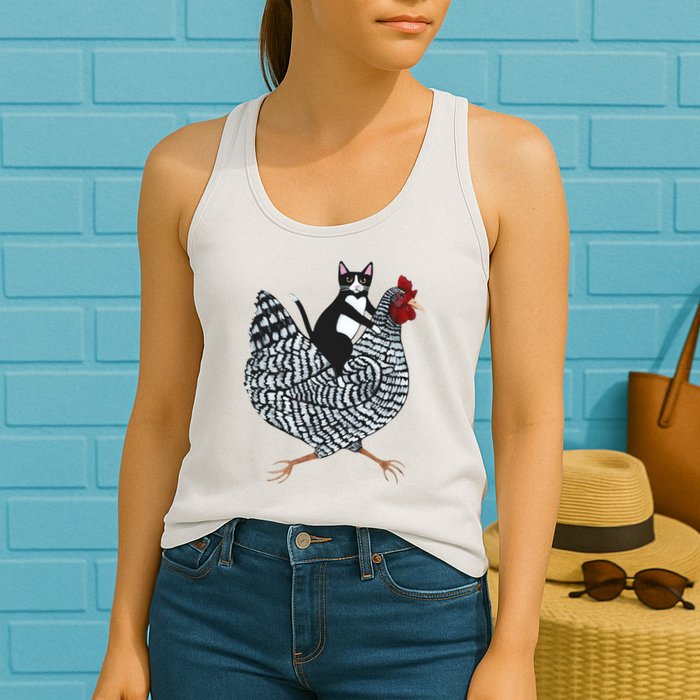 Tuxedo Cat Riding Chicken Funny Womens Tank Top