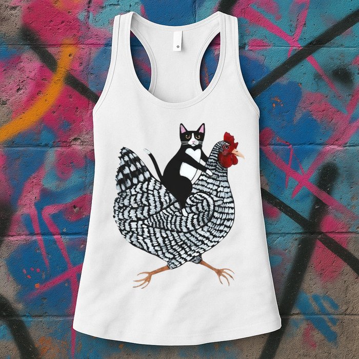 Tuxedo Cat Riding Chicken Funny Womens Tank Top