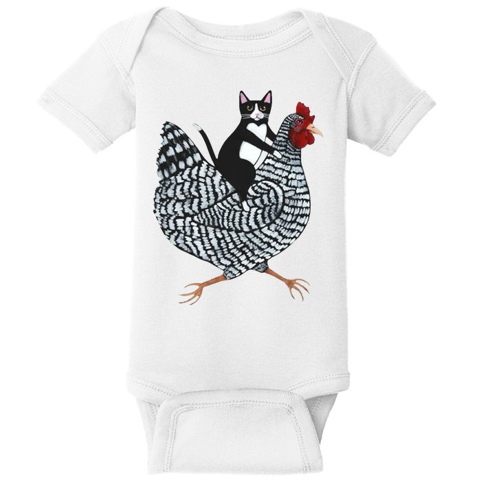 Tuxedo Cat Riding Chicken Funny Baby Bodysuit