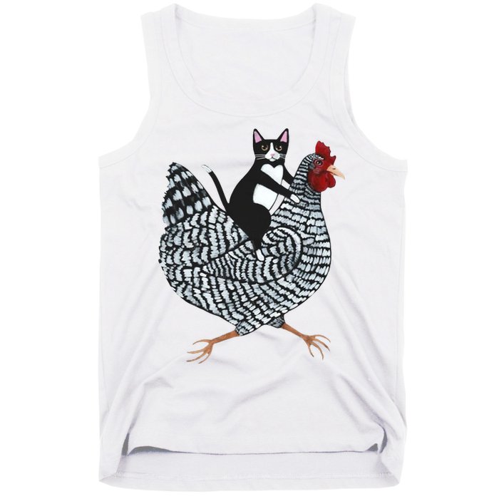 Tuxedo Cat Riding Chicken Funny Tank Top