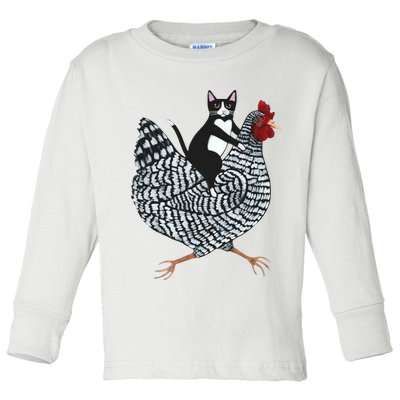 Tuxedo Cat Riding Chicken Funny Toddler Long Sleeve Shirt