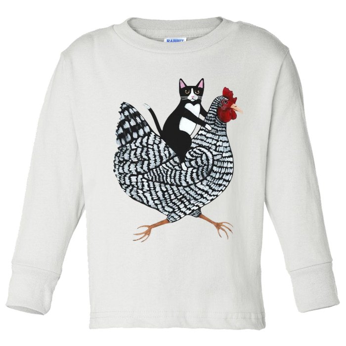 Tuxedo Cat Riding Chicken Funny Toddler Long Sleeve Shirt