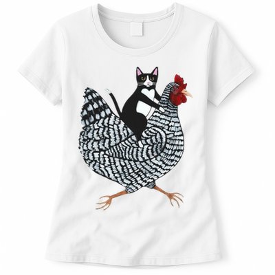 Tuxedo Cat Riding Chicken Funny Womens T-Shirt