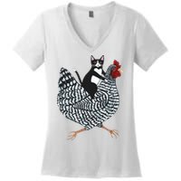 Tuxedo Cat Riding Chicken Funny Women's V-Neck T-Shirt