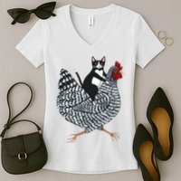 Tuxedo Cat Riding Chicken Funny Women's V-Neck T-Shirt