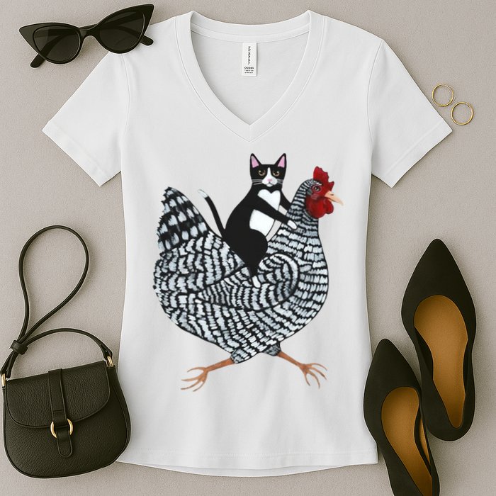 Tuxedo Cat Riding Chicken Funny Women's V-Neck T-Shirt