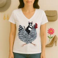 Tuxedo Cat Riding Chicken Funny Women's V-Neck T-Shirt