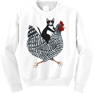 Tuxedo Cat Riding Chicken Funny Kids Sweatshirt