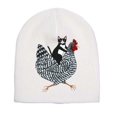 Tuxedo Cat Riding Chicken Funny Short Acrylic Beanie
