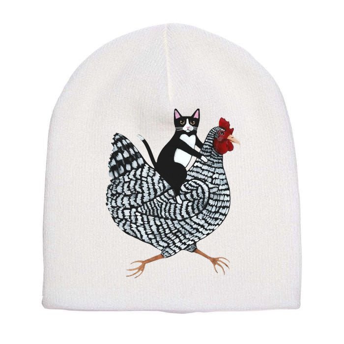 Tuxedo Cat Riding Chicken Funny Short Acrylic Beanie