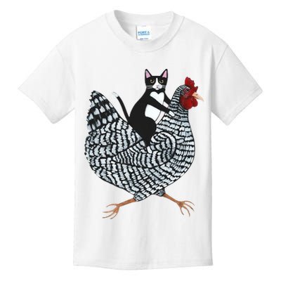 Tuxedo Cat Riding Chicken Funny Kids T-Shirt