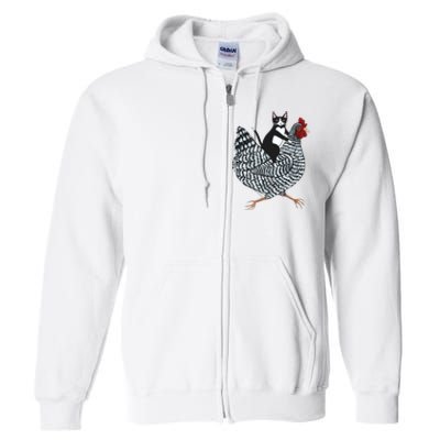 Tuxedo Cat Riding Chicken Funny Full Zip Hoodie