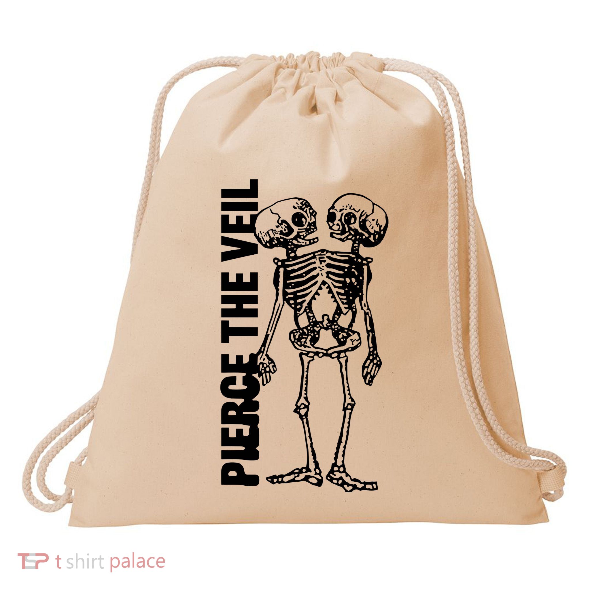 Tan Conjoined Skeleton Drawstring Bag