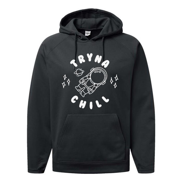 Tryna Chill Space Astronaut Star Planet Performance Fleece Hoodie