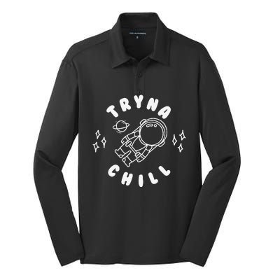 Tryna Chill Space Astronaut Star Planet Silk Touch Performance Long Sleeve Polo