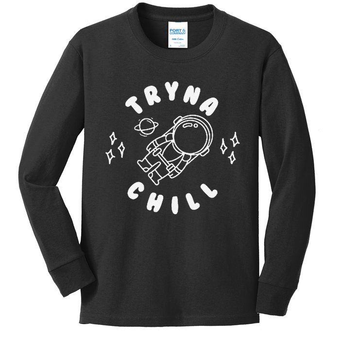 Tryna Chill Space Astronaut Star Planet Kids Long Sleeve Shirt