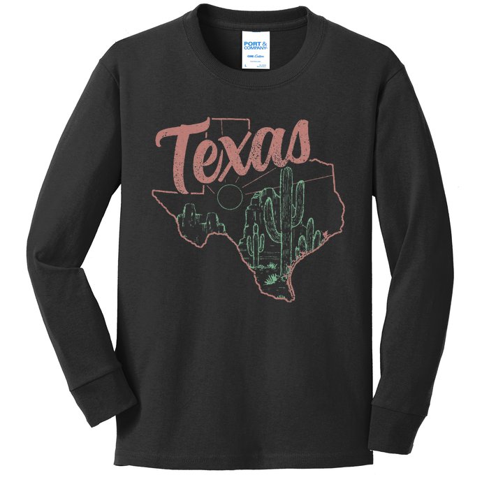 Texas Cactus State Map Souvenir Pride Vintage Kids Long Sleeve Shirt