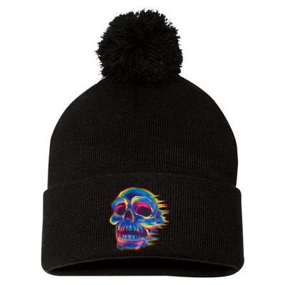 Trippy Colorful Skull Pom Pom 12in Knit Beanie