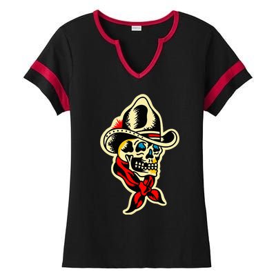 Traditional Cowboy Skull Tattoo Ladies Halftime Notch Neck Tee