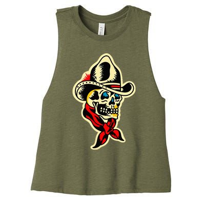 Traditional Cowboy Skull Tattoo Women's Racerback Cropped Tank